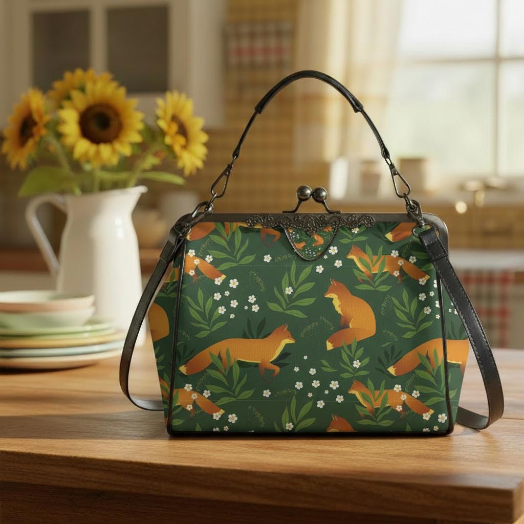 Green Orange Fox Vintage Kisslock Bag - Forest Crossbody Handbag