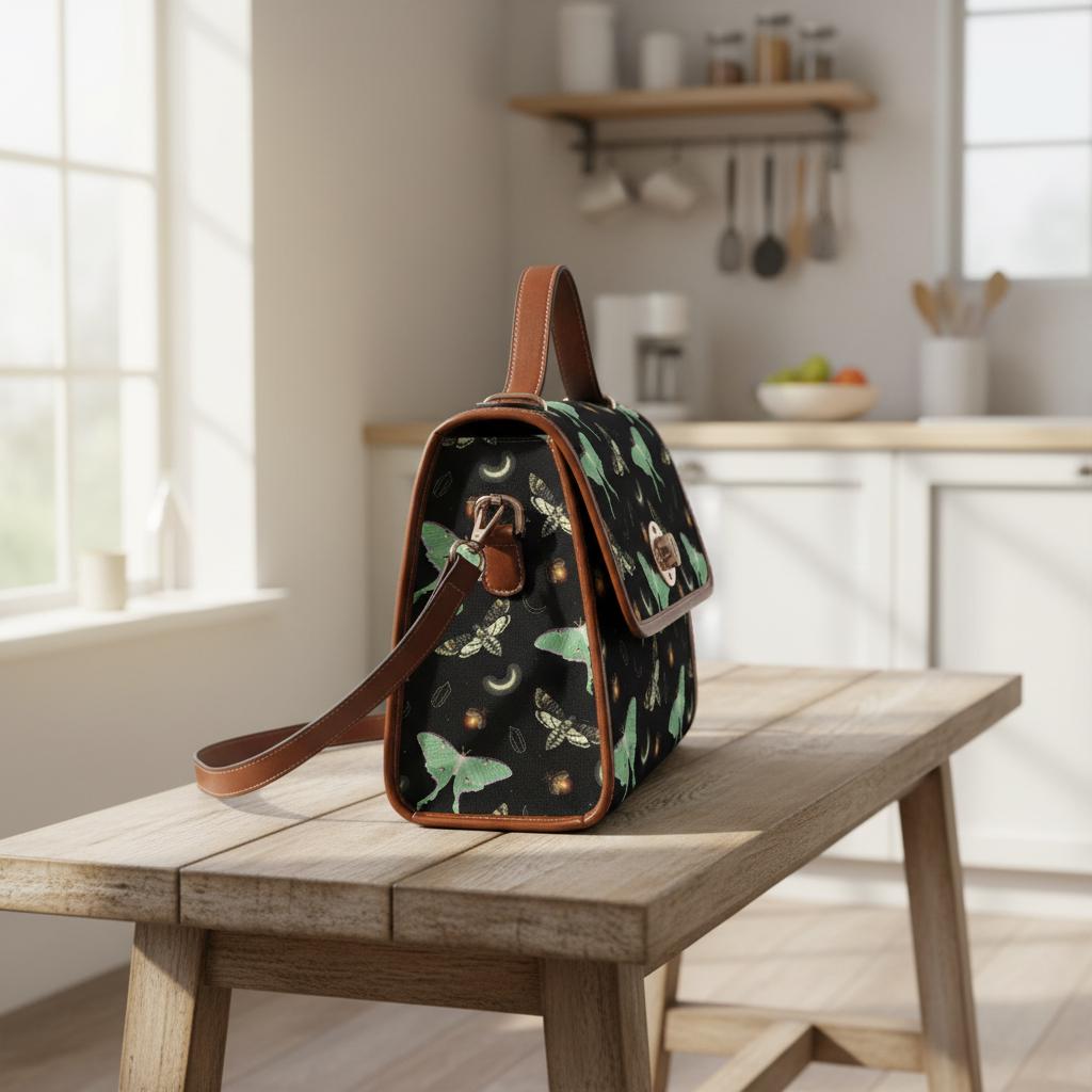 Dark Academia Moths & Moon Stars Canvas Crossbody Bag – Gothic Vintage Handbag