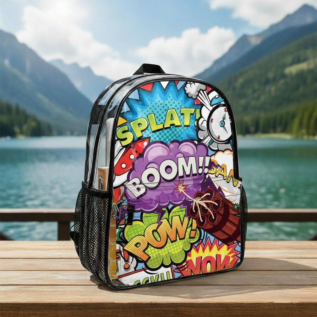 Comic Style School Travel Business Daypack - Clear PVC Backpack with Side Pockets