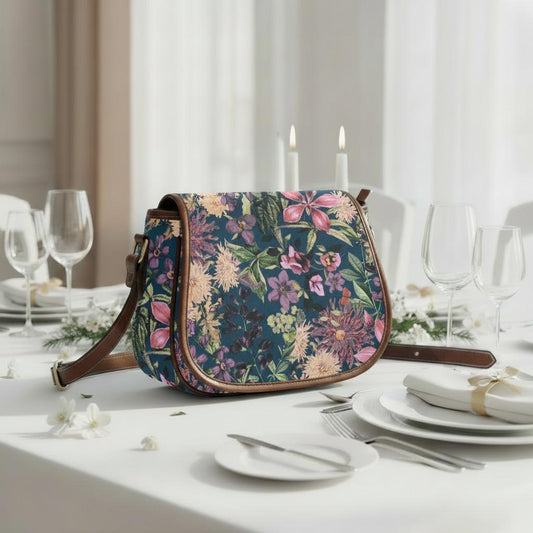 Bold Floral Cottagecore Saddle Bag - Dark Academia Style Crossbody Handbag