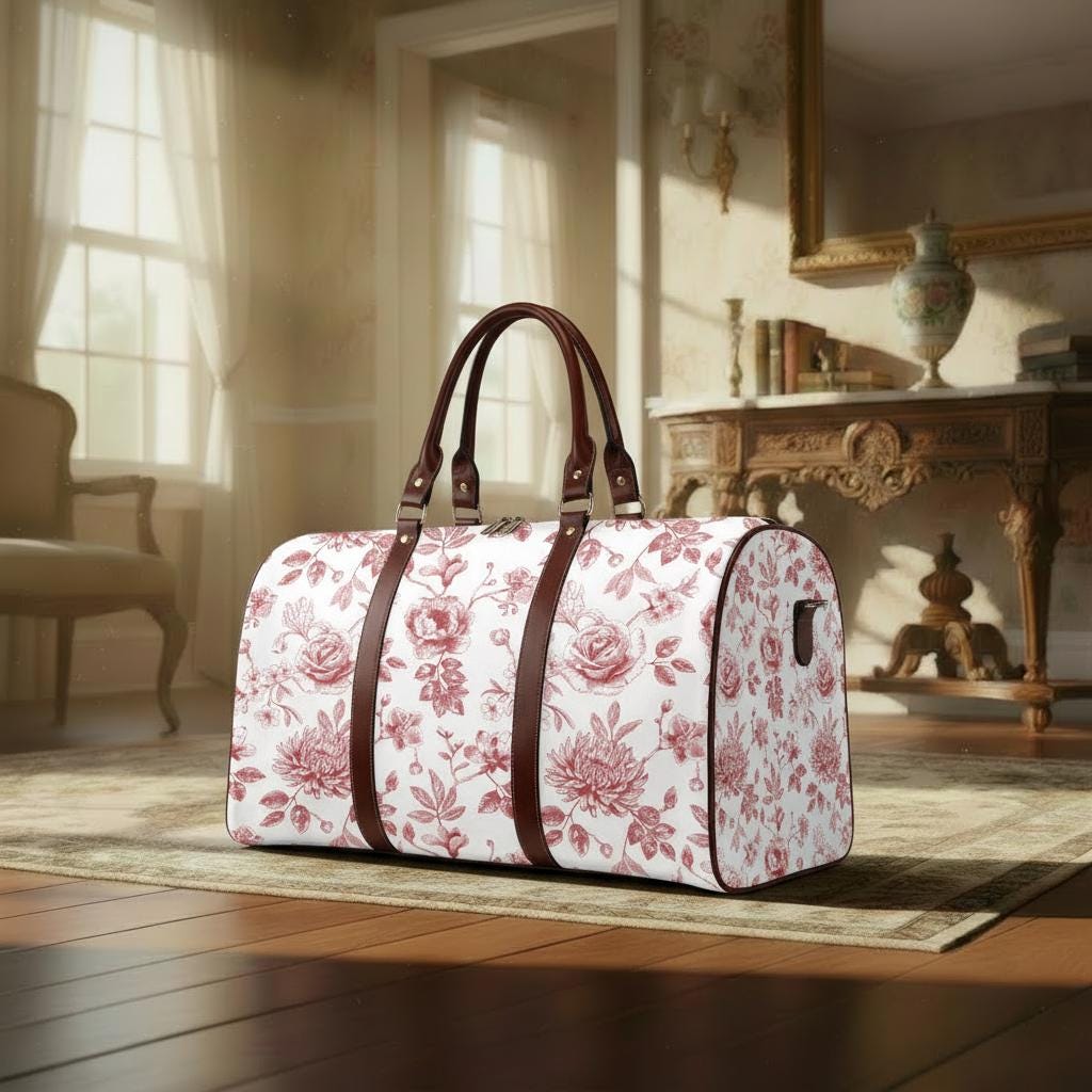 Toile de Jouy Red White Floral Travel Bag – French Vintage Weekender Duffle