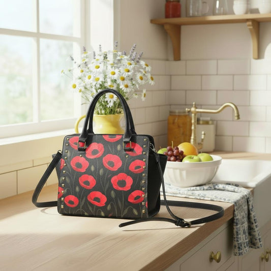 Black Red Poppy Floral Studded Shoulder Bag – Vintage Garden Rivet Handbag