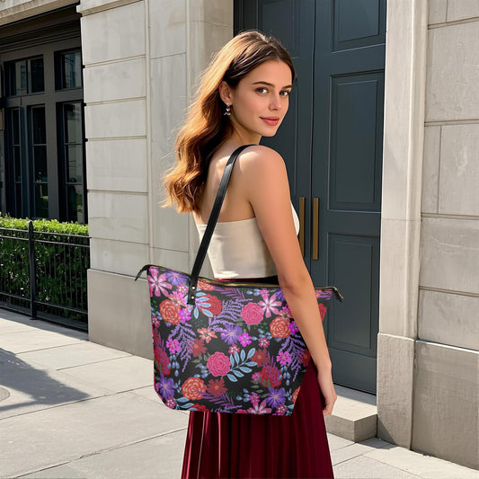 Bold Floral Roomy Tote Bag - Large Shoulder Handbag Black Pink Purple Shopper