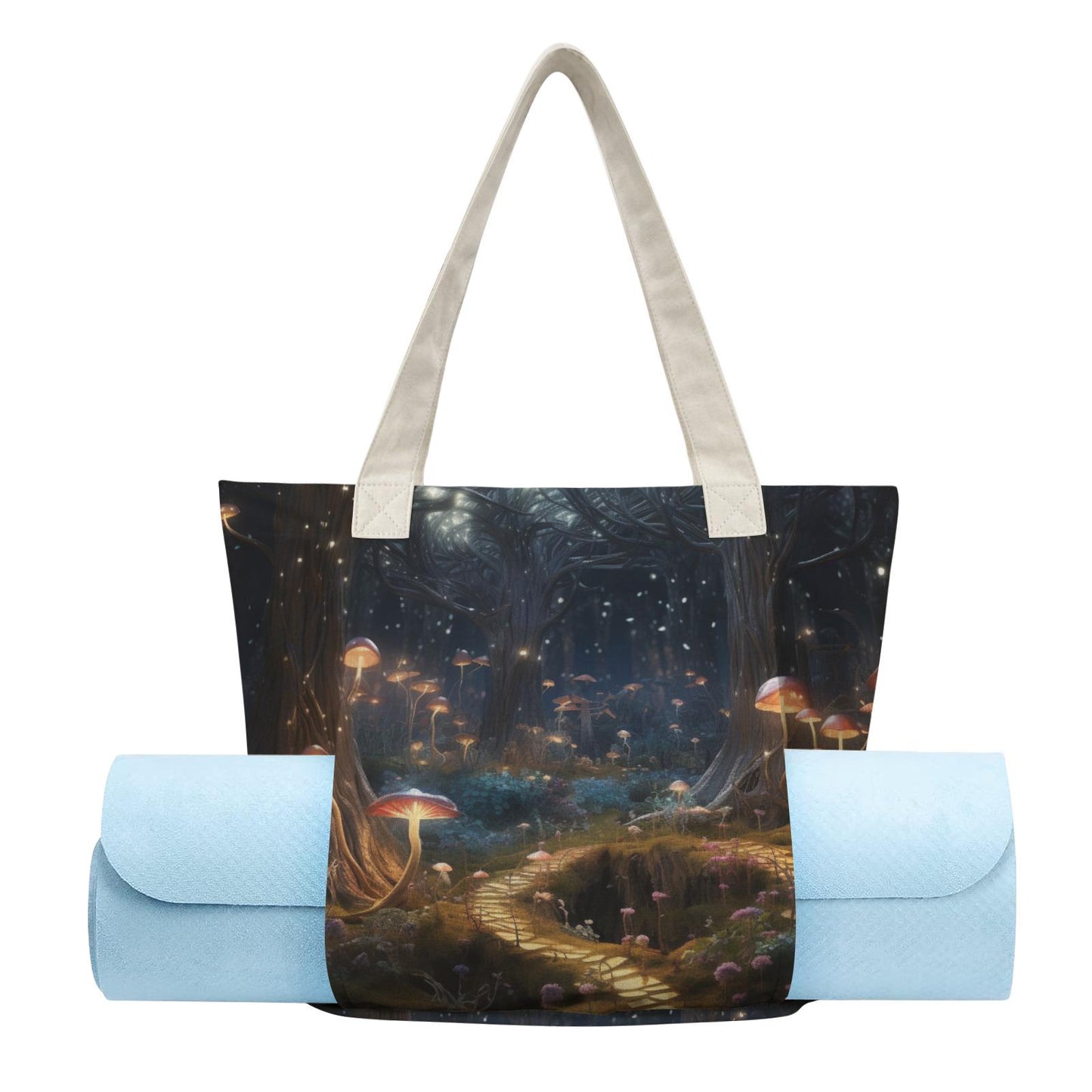 Enchanted Forest Yoga Tote Bag with Mat Holder – Large Mushroom Cotton Linen Tote