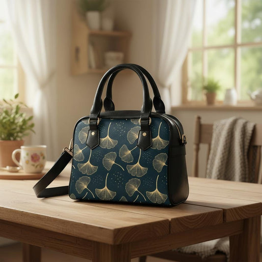 Black Gold Ginkgo Leaves Shoulder Handbag – Botanical Vegan PU Leather Handbag
