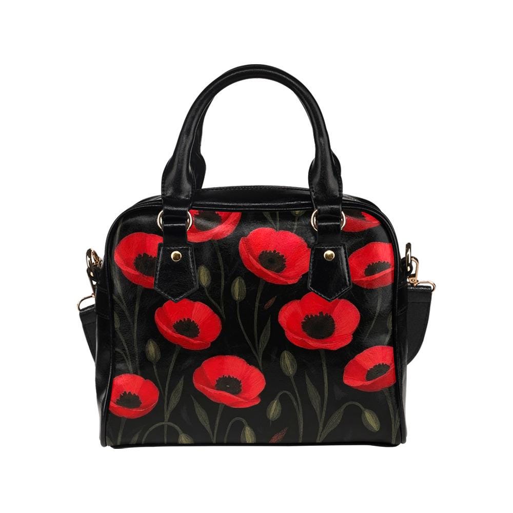 Red Black Poppy Field Shoulder Handbag – Bold Floral Crossbody Bag with Handles