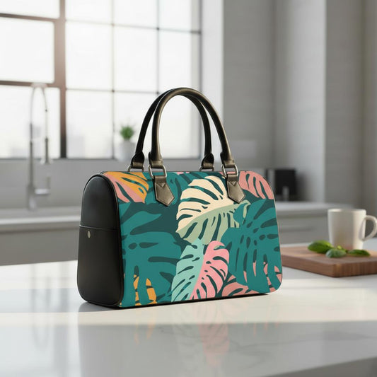 Retro Monstera Print Barrel Handbag – Black Green Pink Everyday Purse