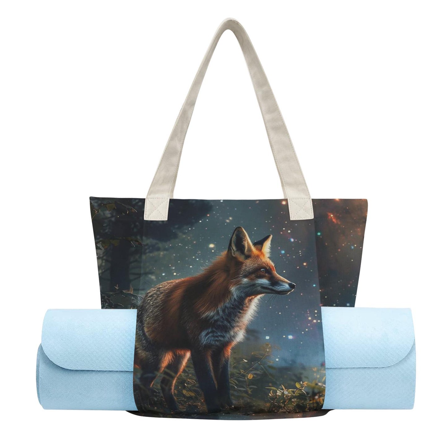 Enchanted Forest Fox Yoga Tote Bag with Mat Holder – Dark Academia Cotton Linen Tote