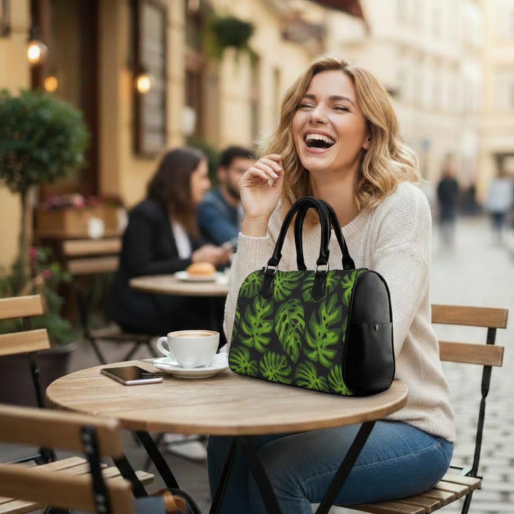 Retro 60s Monstera Print Barrel Handbag – Black Green Botanical Bag