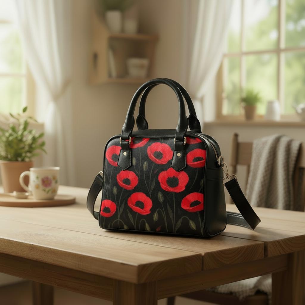 Red Black Poppy Field Shoulder Handbag – Bold Floral Crossbody Bag with Handles