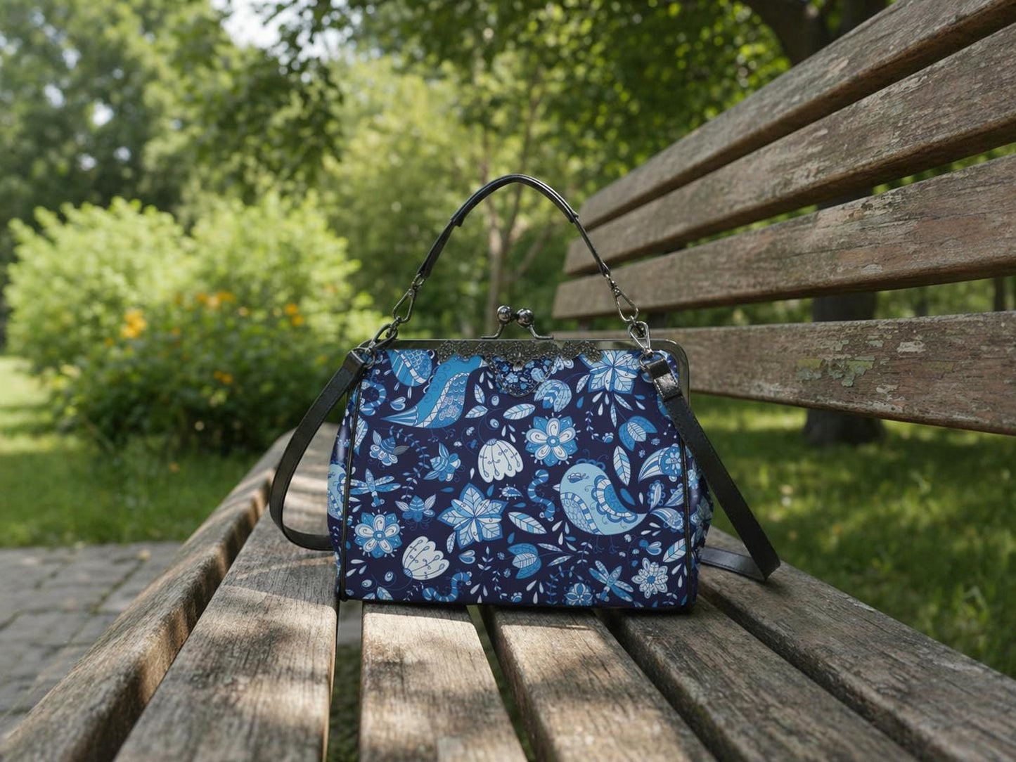 Blue Birds Flowers Folkloric Kisslock Crossbody Bag – Vintage Handbag with Adjustable Strap