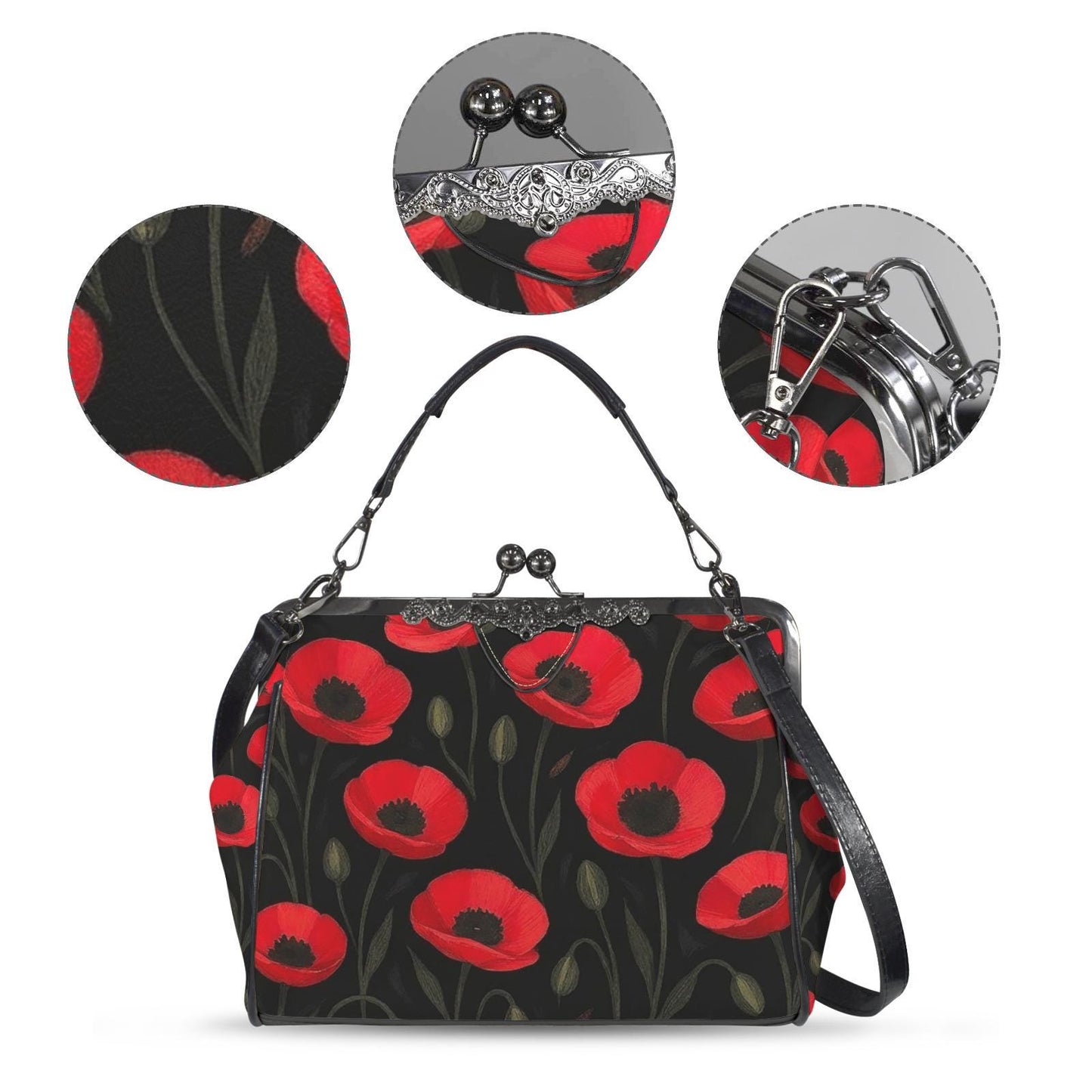 Black Red Poppies Dark Academia Kisslock Handbag – Vintage Gothic Crossbody Bag