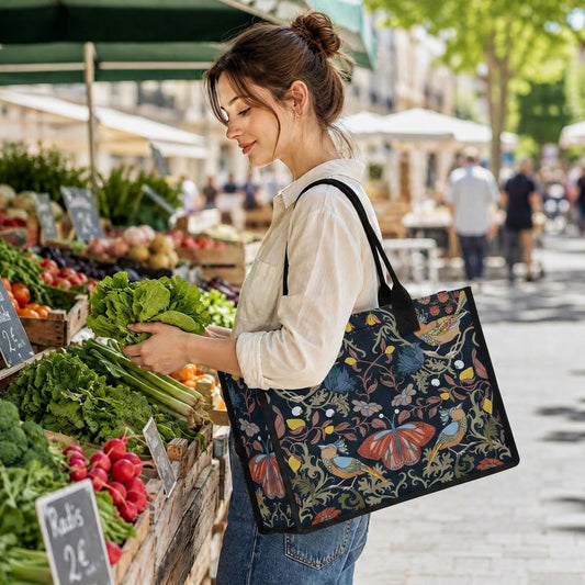 Dark Cottagecore Shopping Tote Bag – Botanical Birds & Butterfly Market Bag