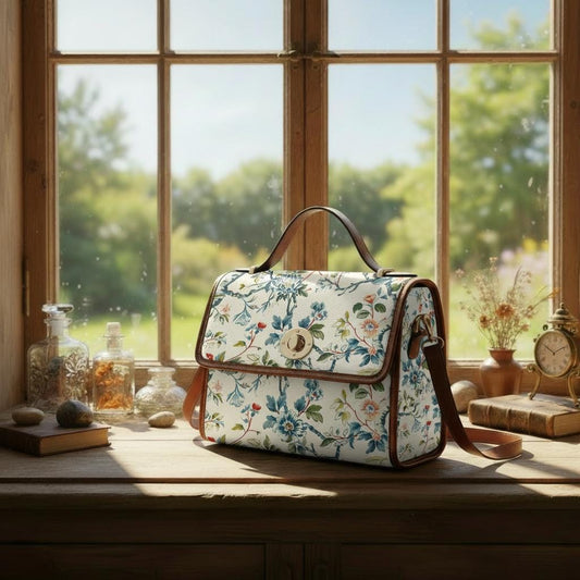 Toile de Jouy Canvas Crossbody Bag – Vintage Eggshell Green Floral Handbag