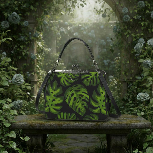Black Green Monstera Kisslock Crossbody Bag – Cottagecore Handbag Dark Academia Vintage