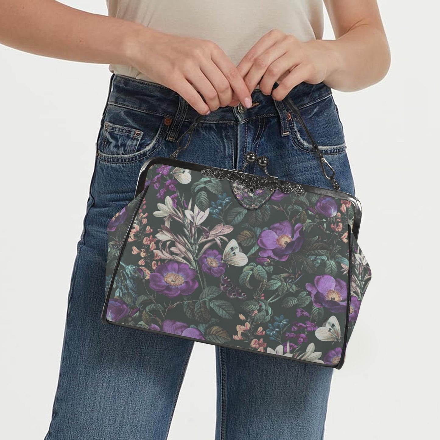 Dark Flowers Butterflies Kisslock Crossbody Handbag - Vintage Academia Floral Bag