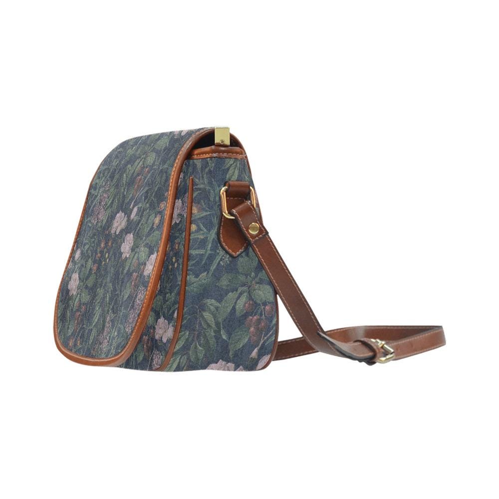 Dark Academia Flowers Crossbody Saddle Bag – Alternative Gothic Floral Vegan Handbag