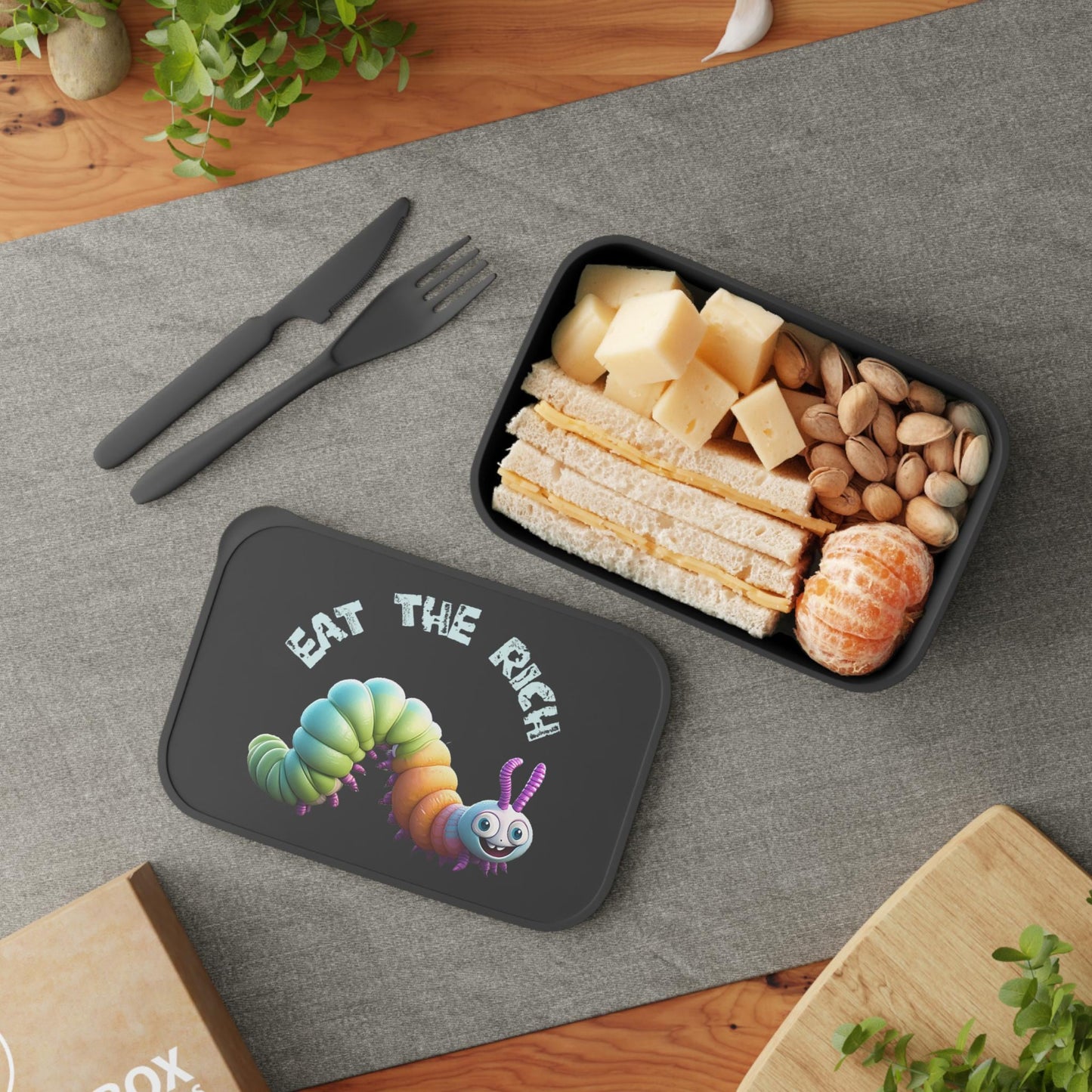Eco Bioplastic Bento Box with Cutlery: Eat The Rich Sustainable Vegan Lunchware