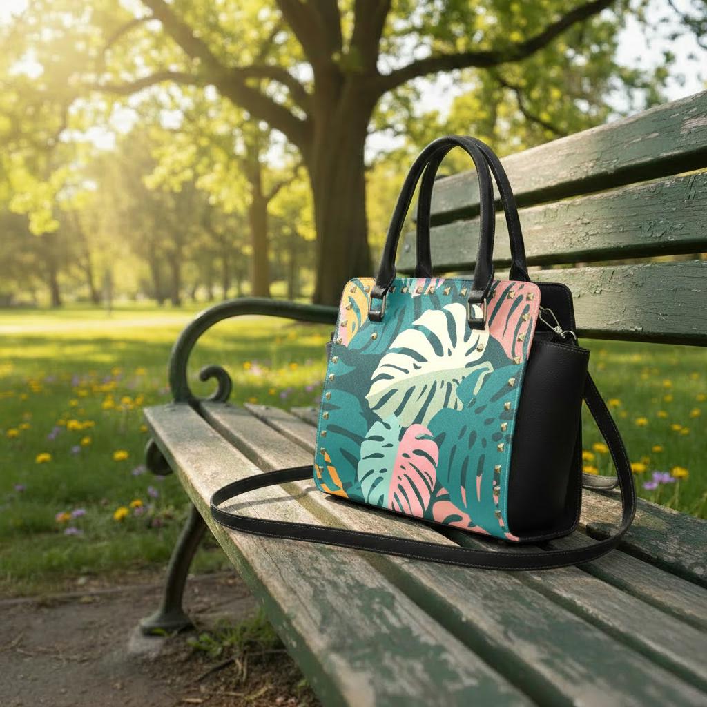 Retro 70s Monstera Rivet Shoulder Handbag – Vintage Midcentury Print Purse