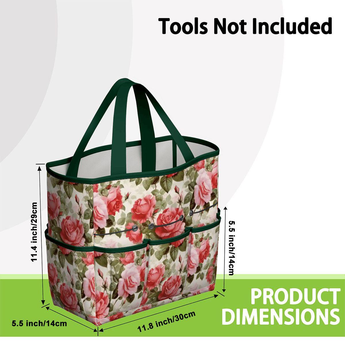 English Roses Garden Tote – Pink Green Gardening Tool Organizer Bag With Pockets