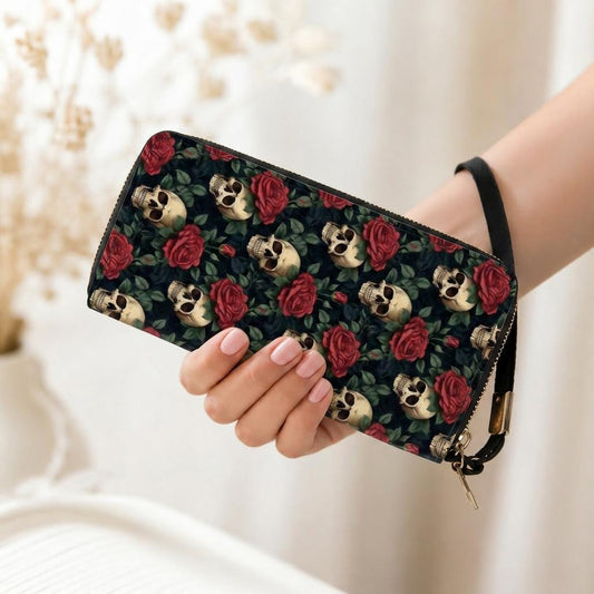 Black Red Gothic Skulls Clutch Wallet – Moody Dark Vegan Purse