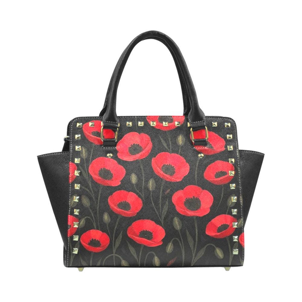 Black Red Poppy Floral Studded Shoulder Bag – Vintage Garden Rivet Handbag
