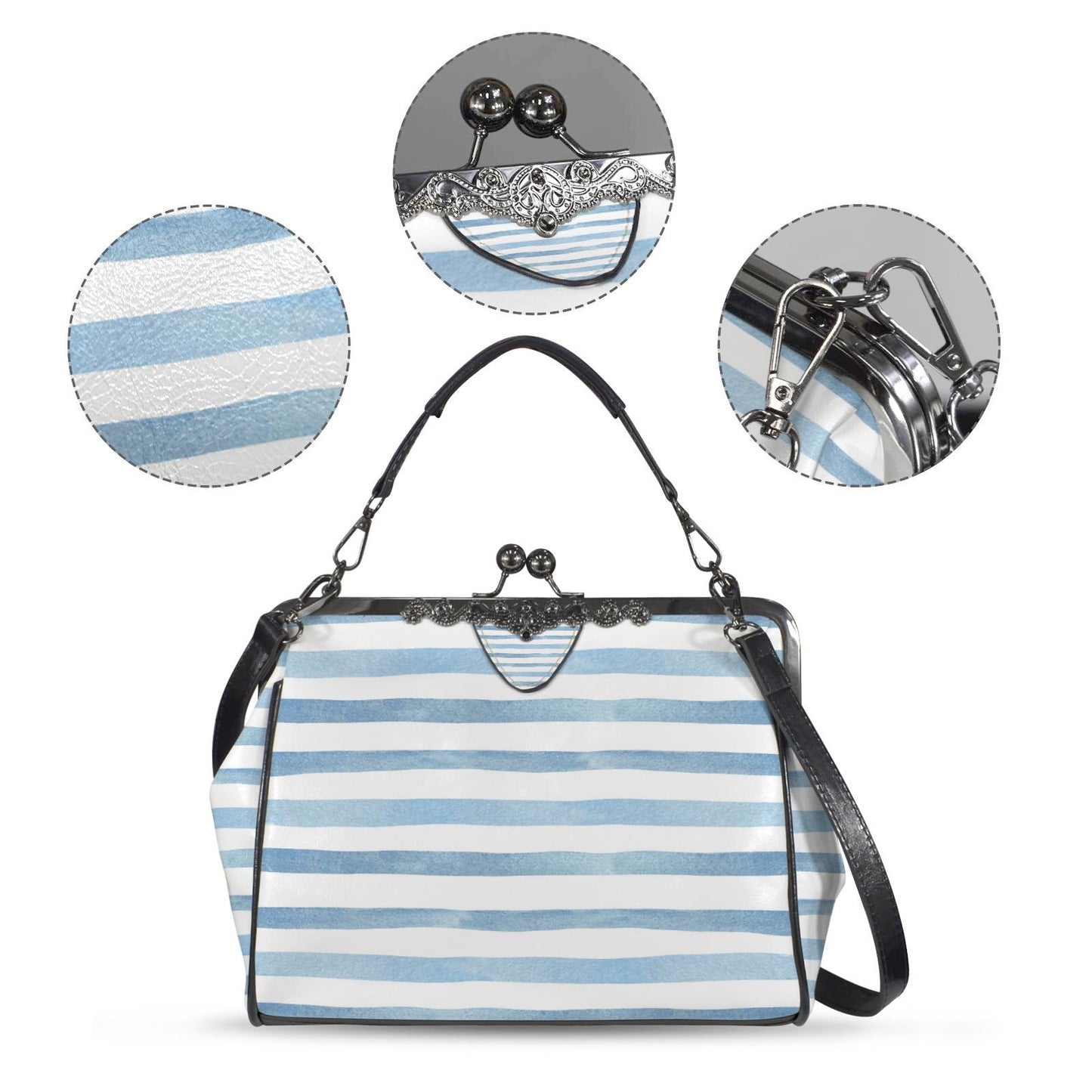 Blue White Striped Kisslock Crossbody Shoulder Bag - Vintage Nautical Summer Handbag