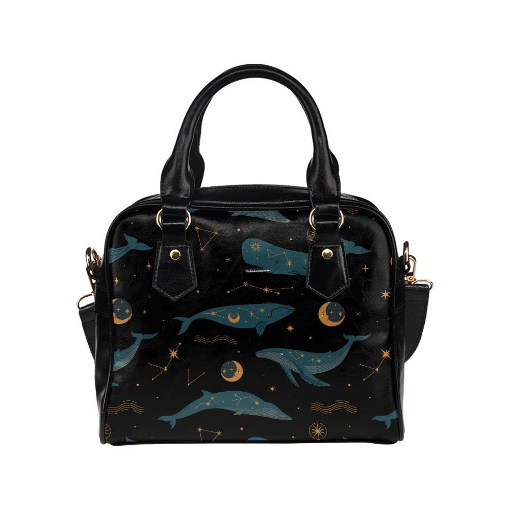 Whimsical Whale Moon Shoulder Handbag – Black Blue Fairycore Vegan Top Handle Bag