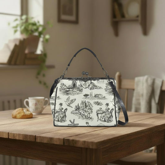 Toile de Jouy French Vintage Kisslock Handbag – Black White Cottagecore Crossbody Bag