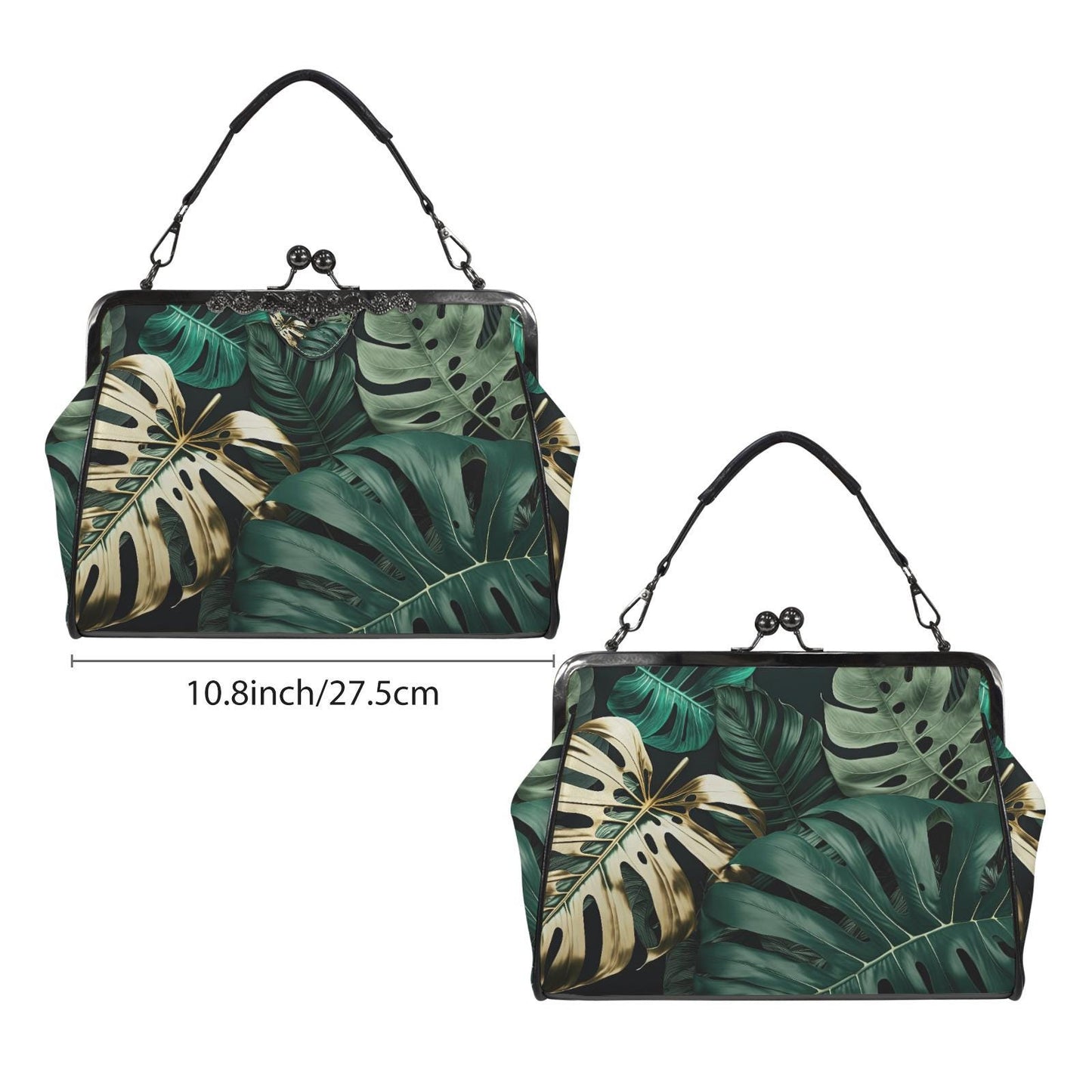 Retro Green Gold Monstera Leaf Handbag - Botanical Kisslock Crossbody Shoulder Bag