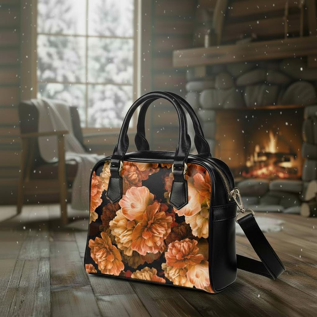 Bold Orange Peony Flowers Top Handle Shoulder Handbag