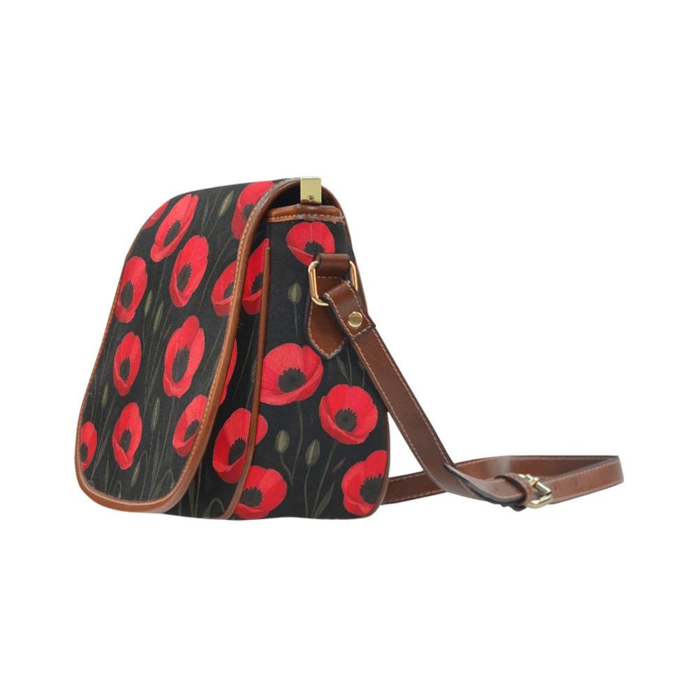 Black Red Poppies Shoulder Saddle Handbag, Romantic Gothic Dark Academia Crossbody