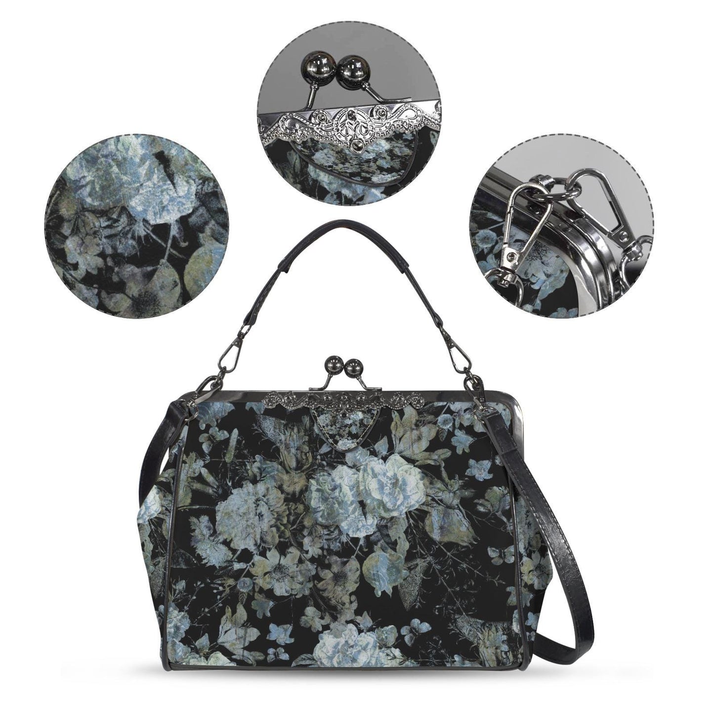 Dark Academia Moody Floral Vintage Kisslock Bag - Victorian Gothic Crossbody