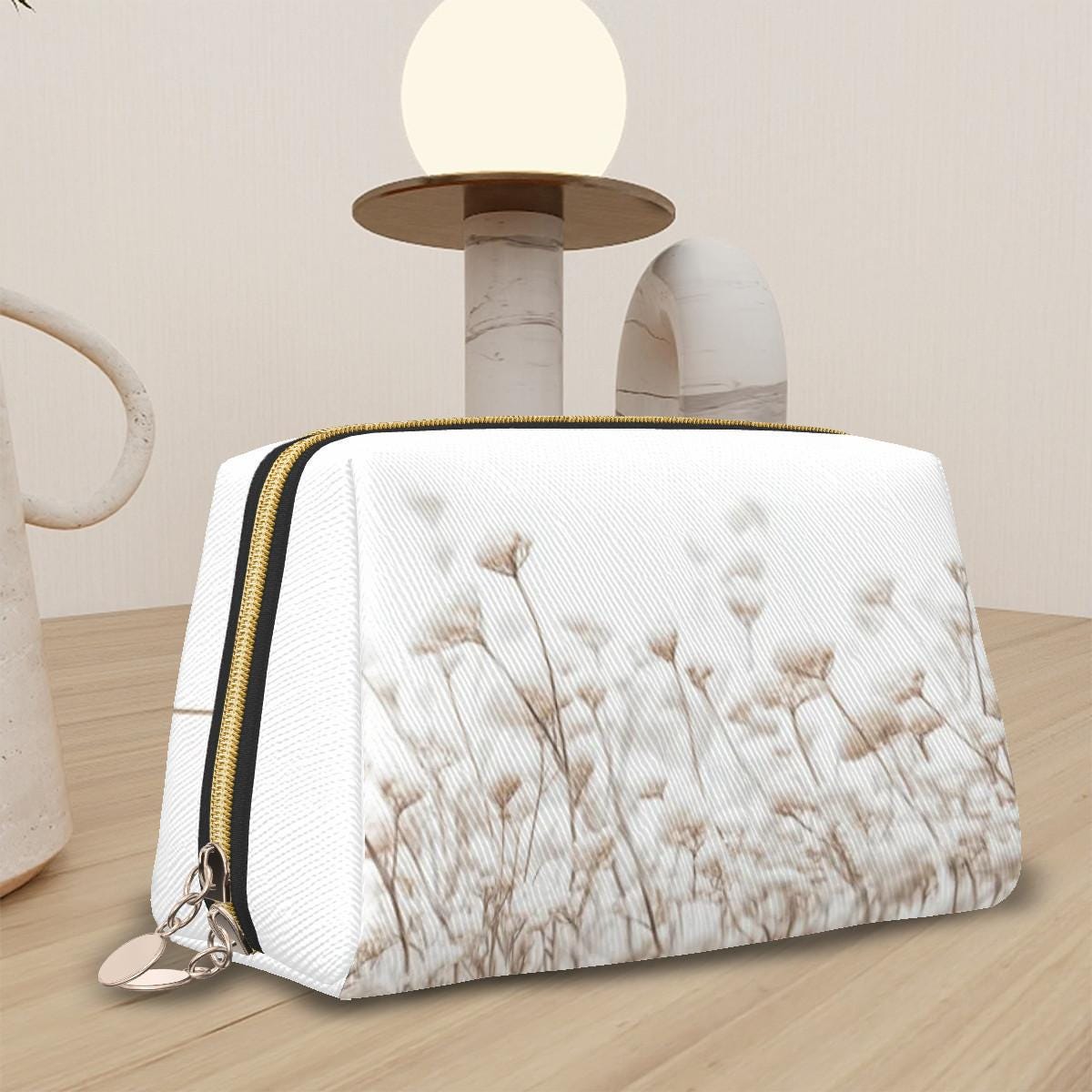 Delicate Flowers White Gold Makeup Bag – Floral Faux-Leather Travel Cosmetics Case