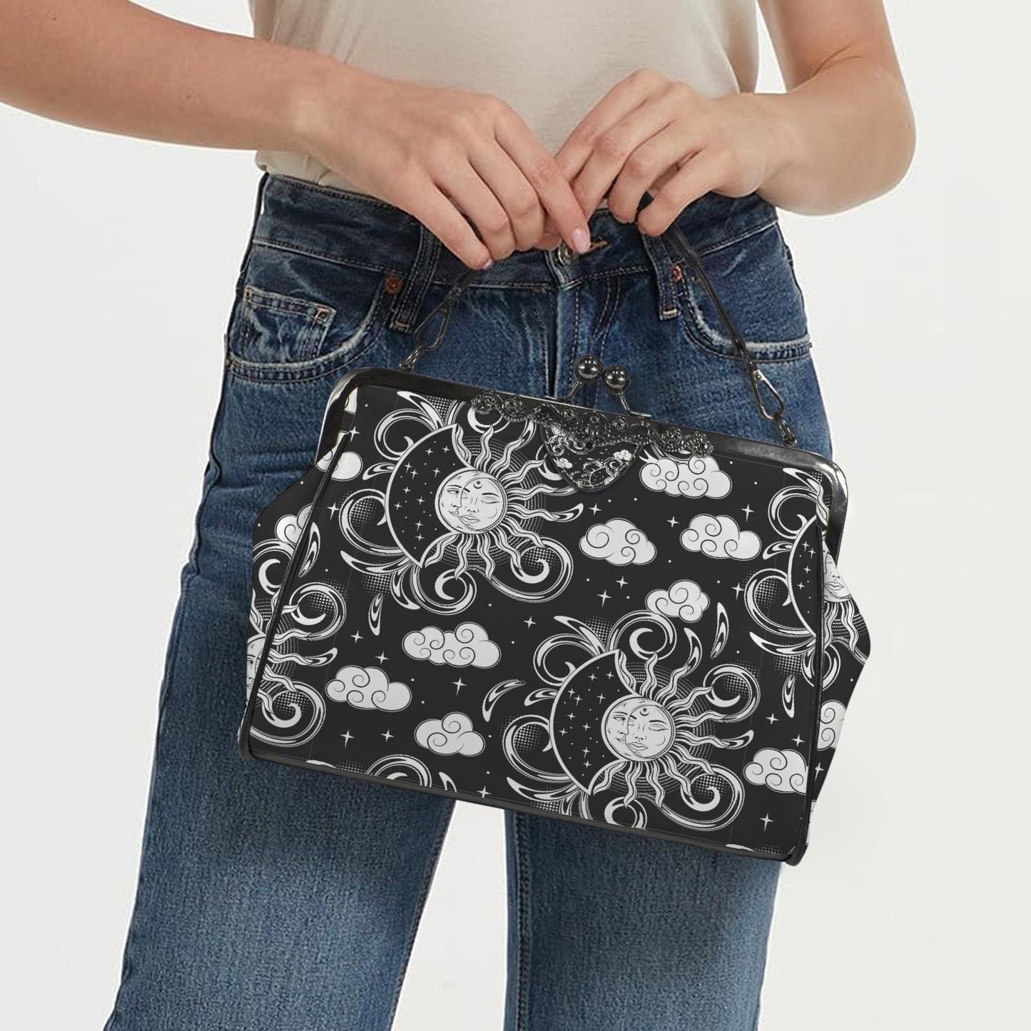 Witchcraft Sun and Moon Kisslock Handbag – Dark Academia Black White Crossbody