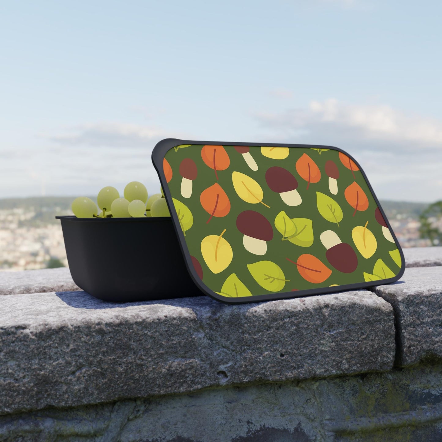 Mushroom Autumn Leaves Bento Box: Bioplastic Lunch Container with Cutlery