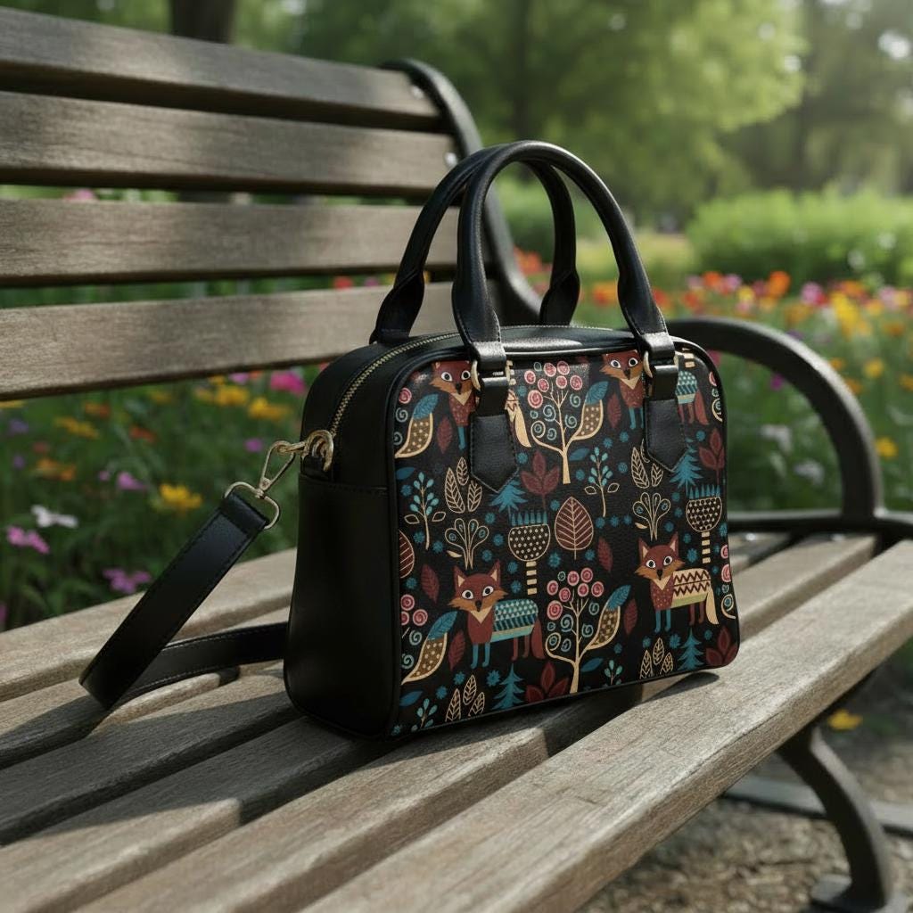 Nordic Folkloric Shoulder Bag – on a park bench in soft sunlight