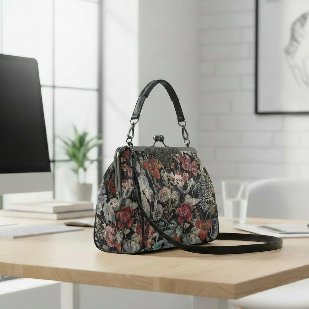 Dark Academia Moody Floral Vintage Kisslock Bag - Victorian Gothic Crossbody