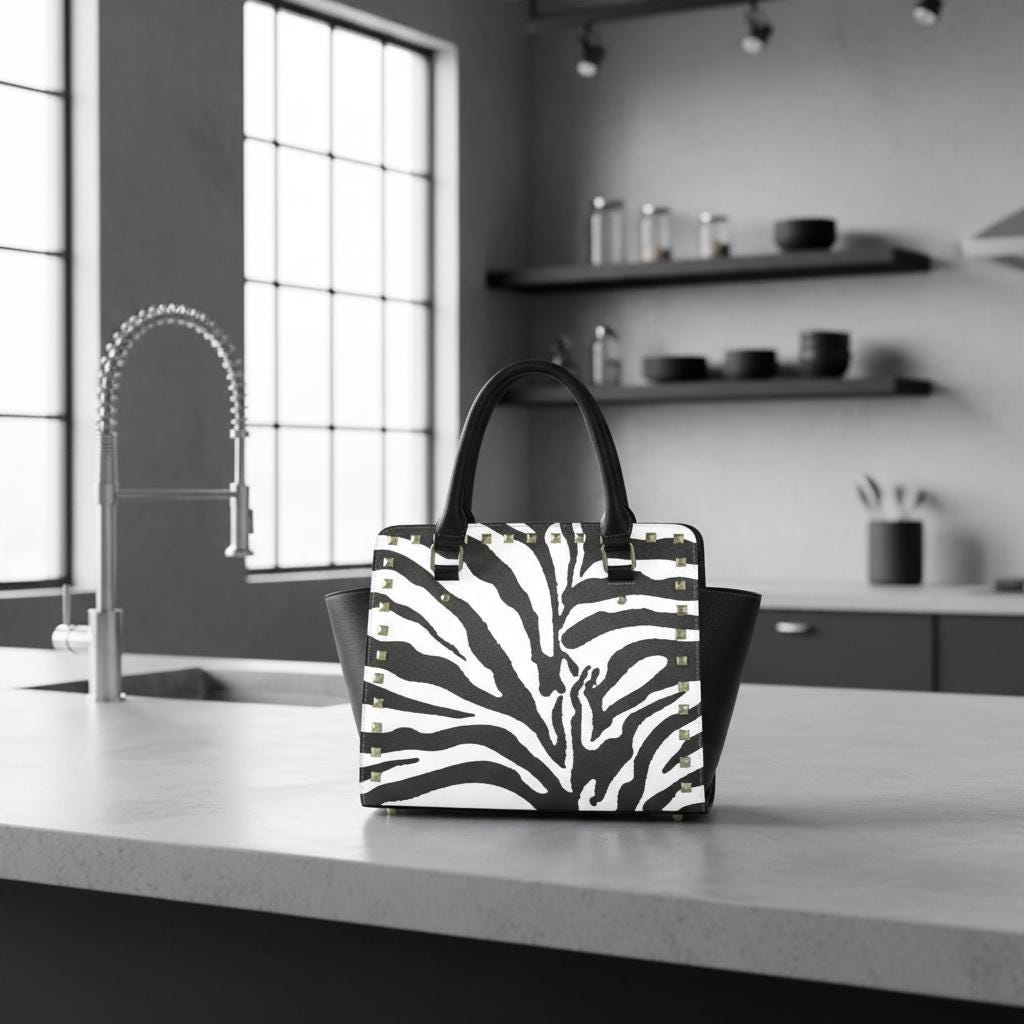 Zebra Print Rivet Shoulder Handbag – Black White Faux Leather Purse