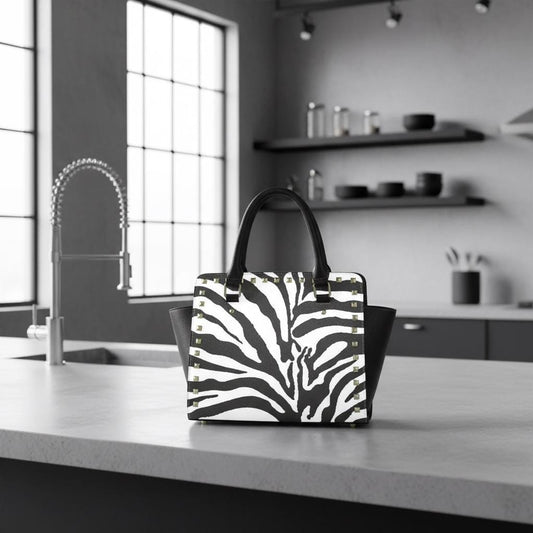 Zebra Print Rivet Shoulder Handbag – Black White Faux Leather Purse