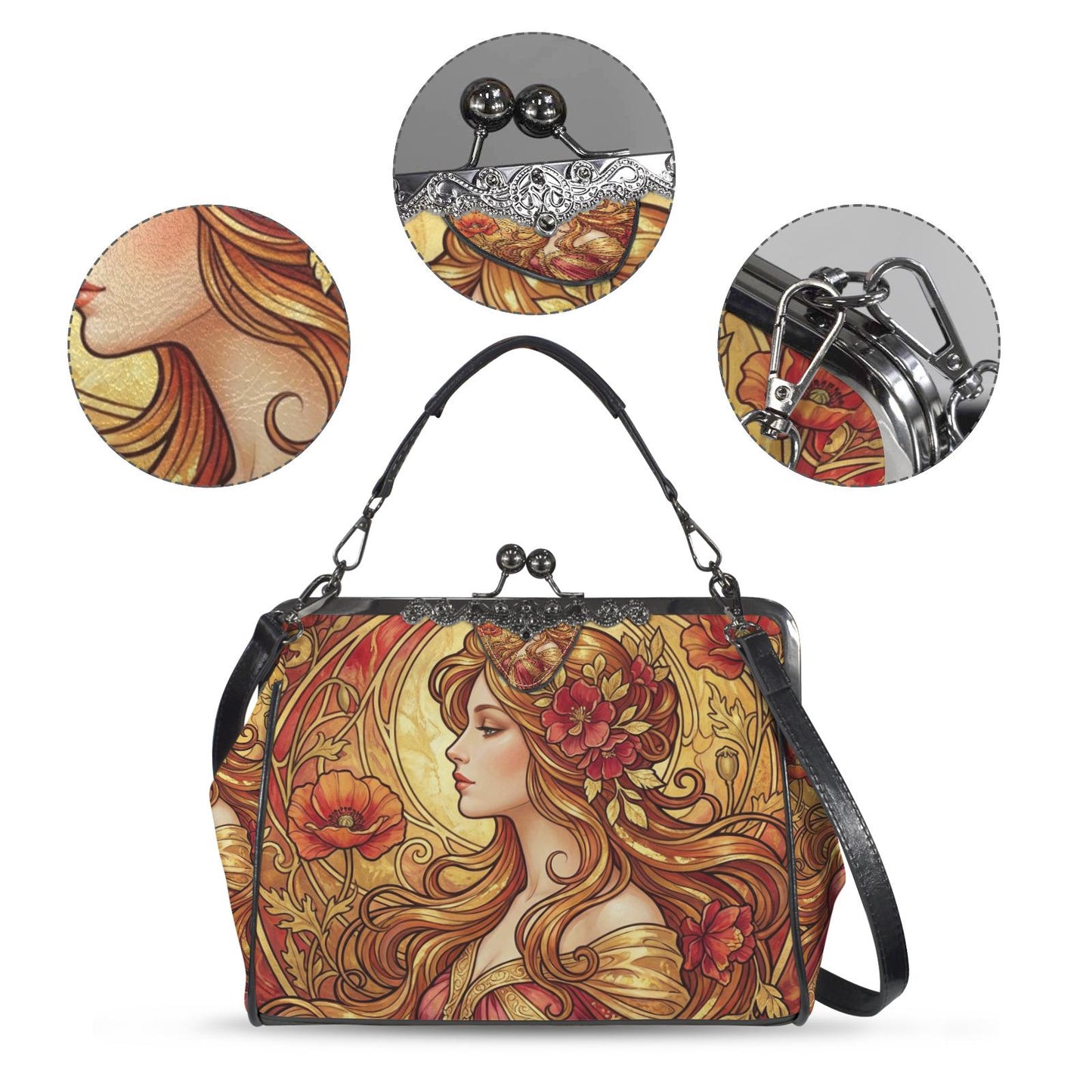 Art Nouveau Style Kisslock Crossbody Handbag - Vintage Romantic Bag