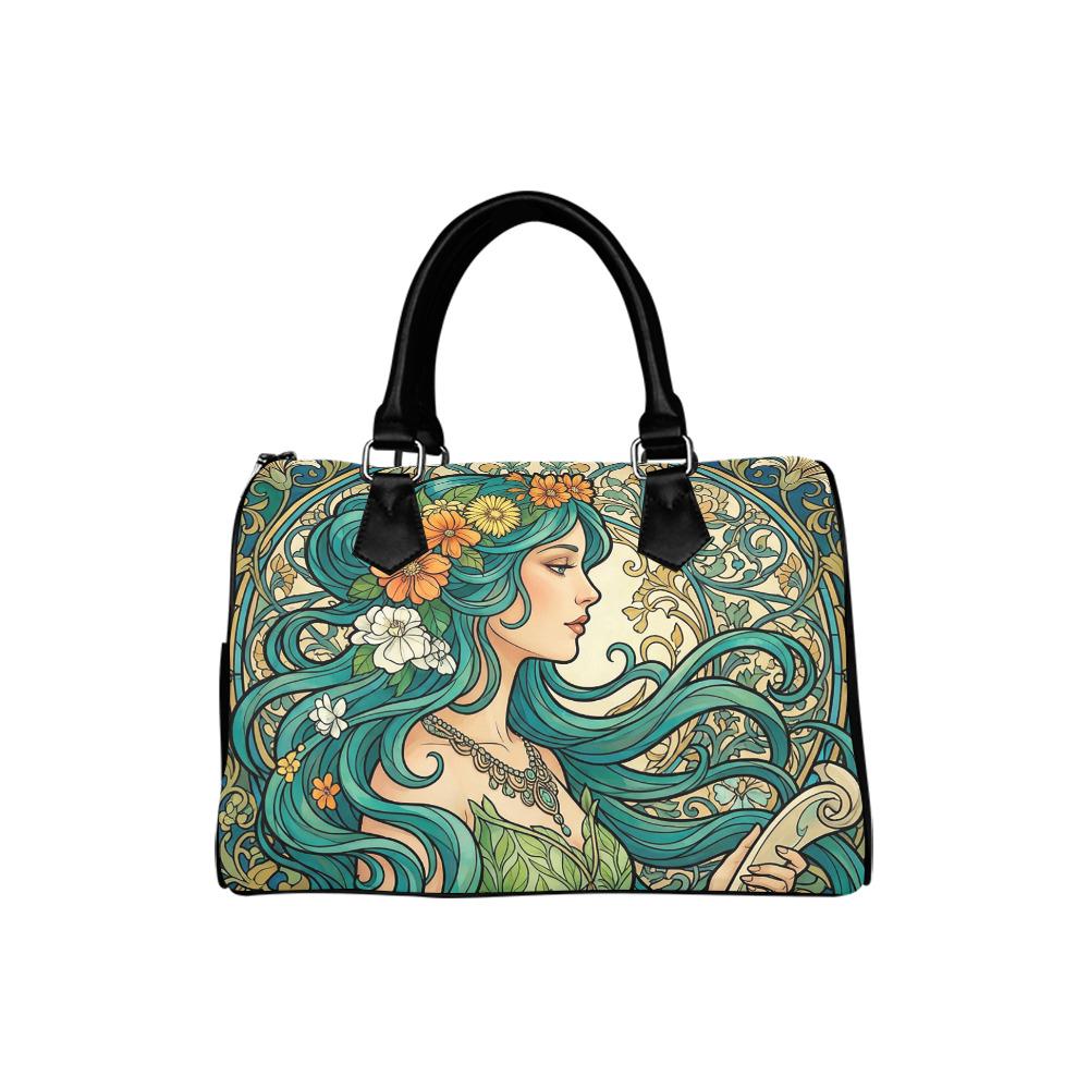Art Nouveau Barrel Type Handbag – Green Black Romantic Bag