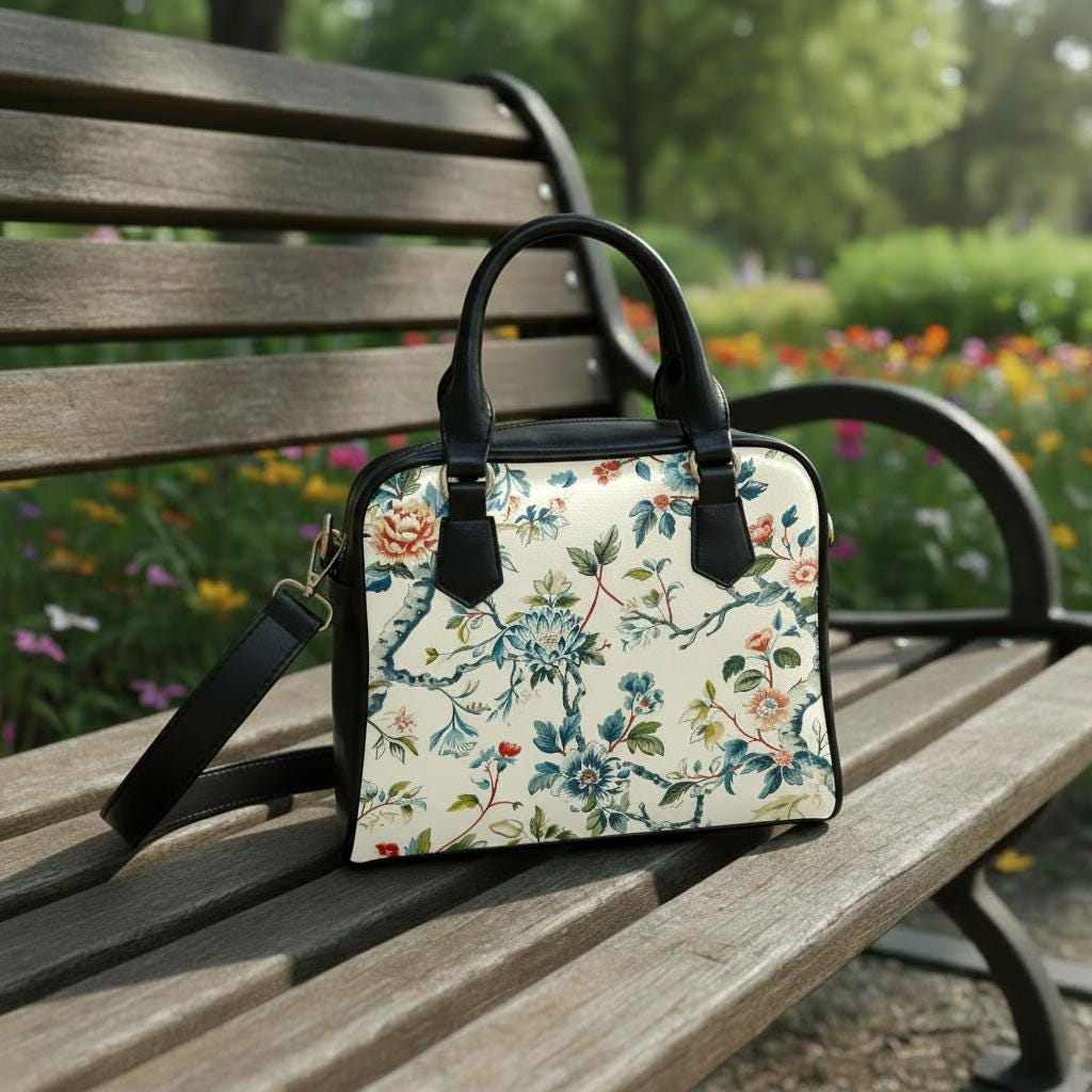 Toile de Jouy Shoulder Handbag – French Vintage Floral Handbag with Top Handle