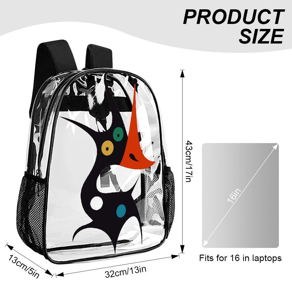 Clear PVC Backpack, Monster Print, School Travel Business Daypack with Side Pockets