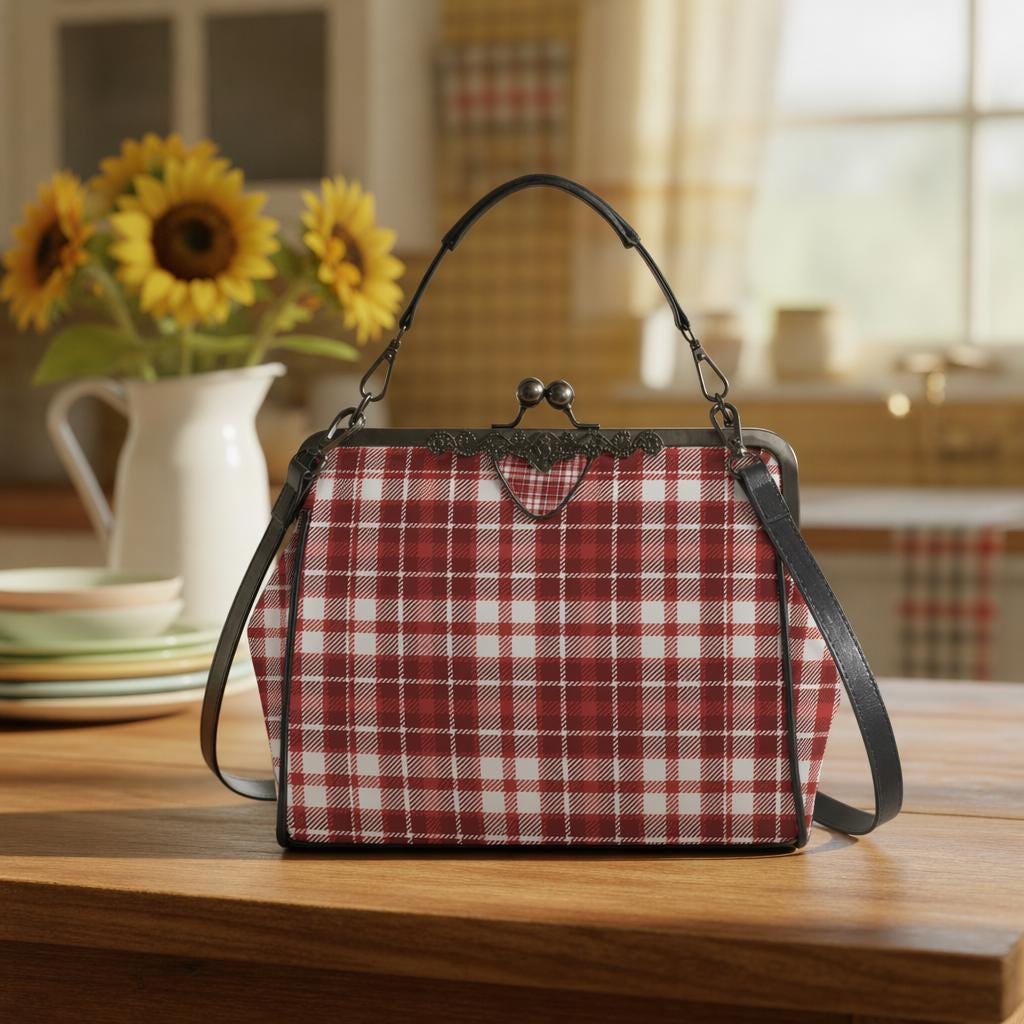 Red White Retro Checkered Kisslock Crossbody Shoulder Bag - 60s Mod Vintage Handbag