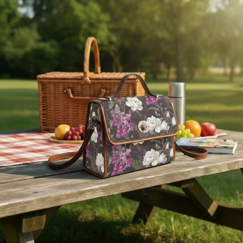 Dark Academia Wildflowers Canvas Crossbody Bag – Black Purple Botanical Vintage Bag