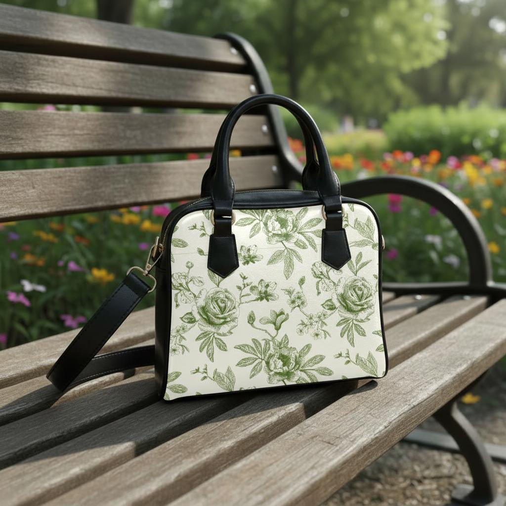 Green White Toile de Jouy Vegan Bag - Floral Crossbody Handbag