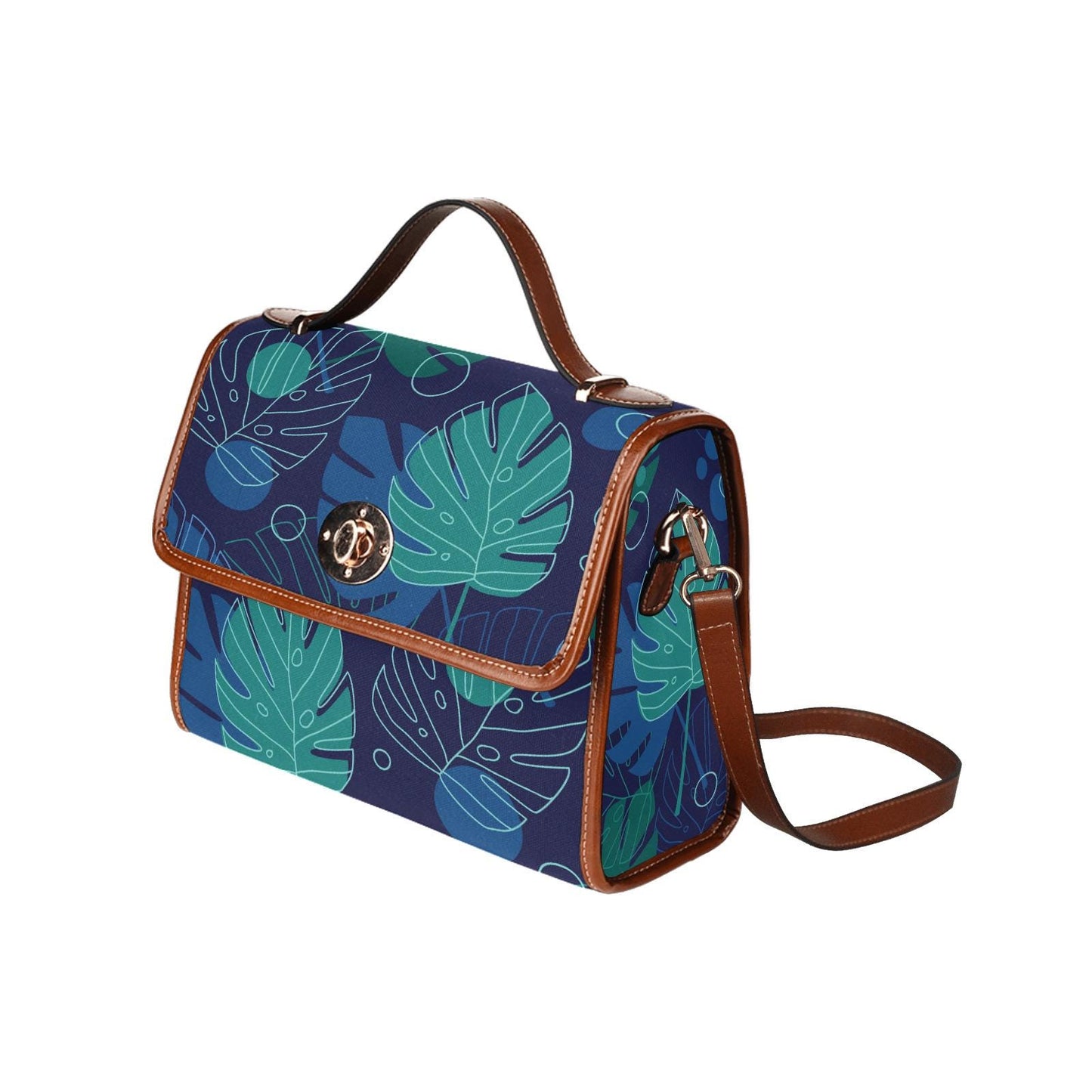 Retro Monstera Botanical Canvas Crossbody Bag – Blue Brown Vintage Style