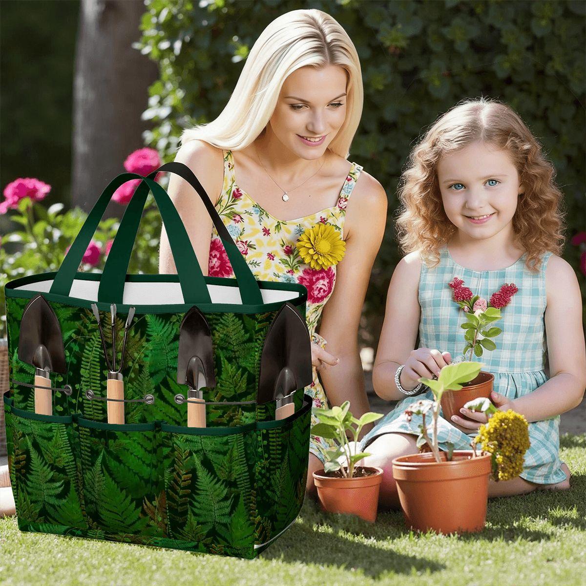 Dark Green Fern Forest Garden Tote – Gardening Tool Organizer Bag With Pockets