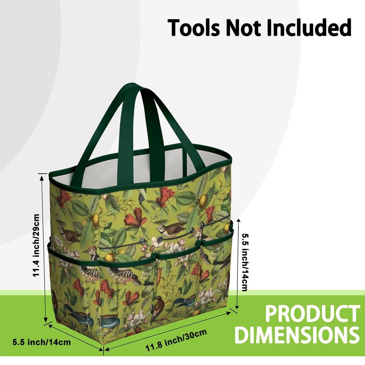 Green Vintage Bird Garden Tote – Gardening Tool Organizer Bag With Pockets